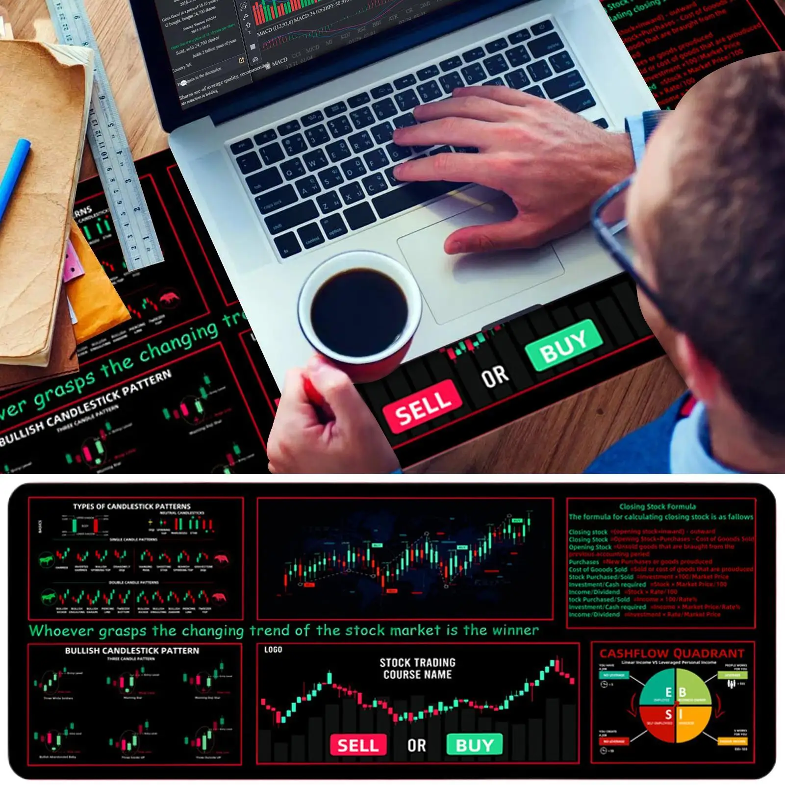 Stock Market MousePad Large For Trader Candlestick Chart Keyboard Mousepad Investor Desk Mat Rubber Base For Office Home