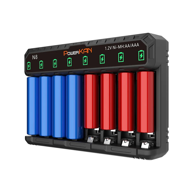 POWERKAN N8 Battery Charger LED can be independently used for 8 1.2V Ni-MH/Cd AA AAA rechargeable batteries USB 5V 2A Type-C