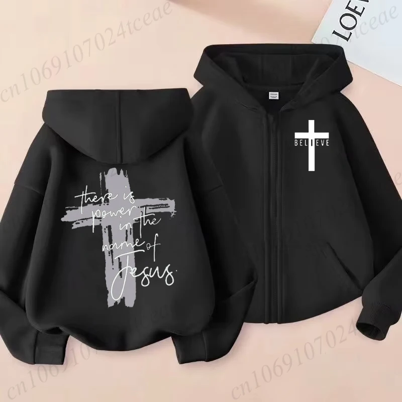 Women Christian Faith Essential Hoodies There Is Power in The Name of Jesus Graphic Hoodie Unisex Cross Faiths Zip Sweatshirts