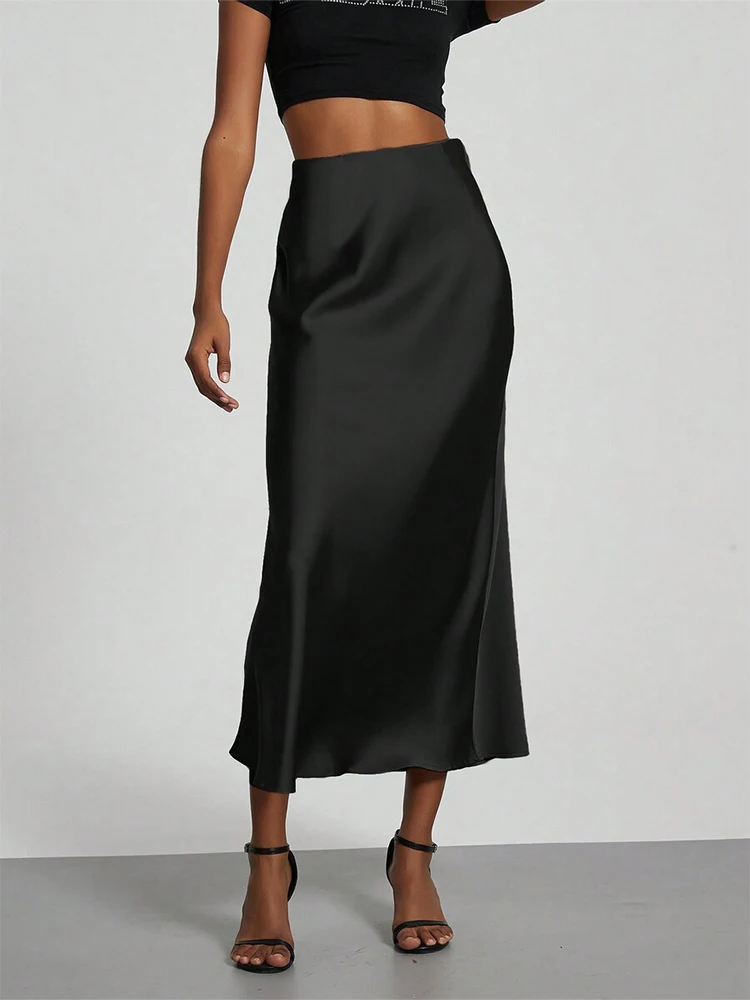

Retro satin drape half skirt for spring and autumn high waist slimming mid length skirt, versatile for daily commuting