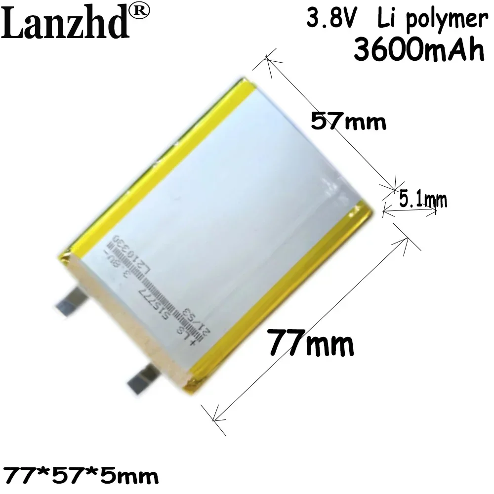 Li Polymer Lithium Battery, célula de alta tensão para celular, núcleo de carregamento rápido elétrico embutido, 3.8V, 3600mAh, 515777