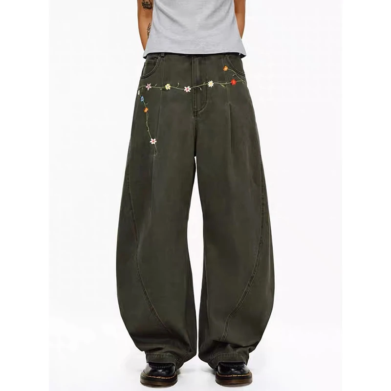 

ZHIZOU винтажные джинсы Y2k в стиле гранж, женские уличные зеленые мешковатые джинсовые брюки, широкие повседневные прямые джинсовые брюки большого размера в стиле панк