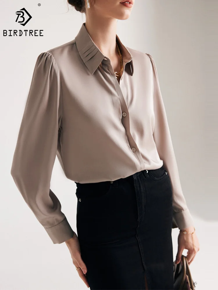 Birdtree 19Mm 90% Silk 10% Spandex Dress Shirts Women Turn Down Collars Pleated Tops Long Sleeve Office Blouses Autumn T36521JM