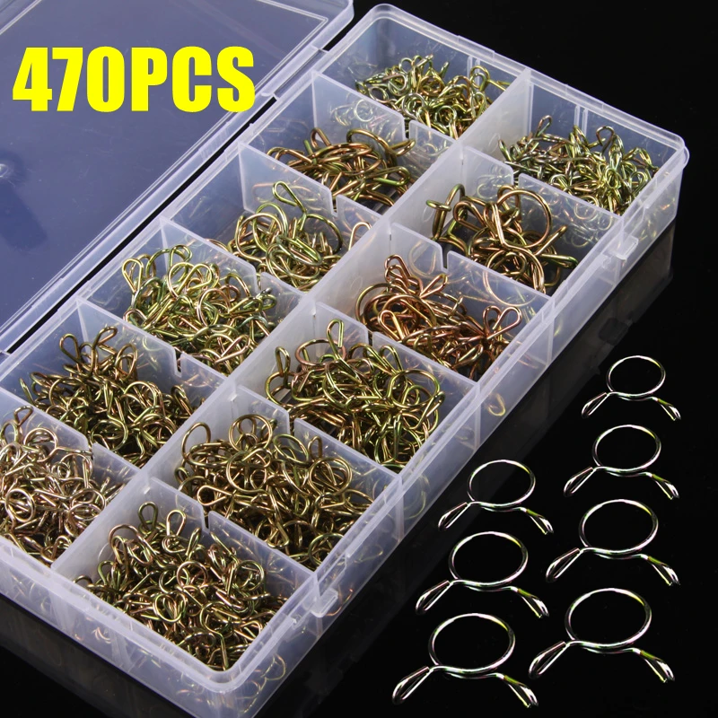 

470Pcs 5mm-14mm Zinc Plated Spring Clips Hose Clamp Gear Hose Fuel Line Clamp for Boats Motorcycles