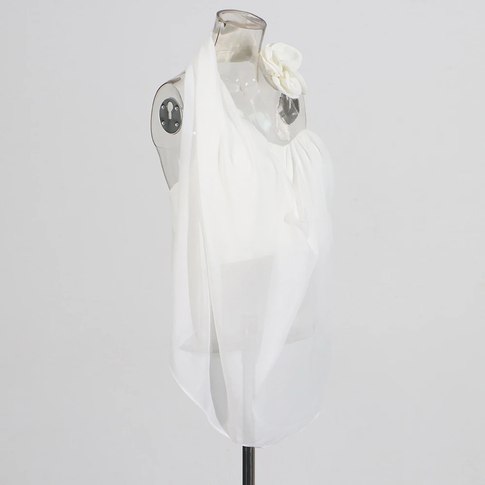 TWOTWINSTYLE Solid Slimming Spliced 3D Flower Blouses for Women Halter Neck Sleeveless Patchwork Folds Minimalist Blouse Female