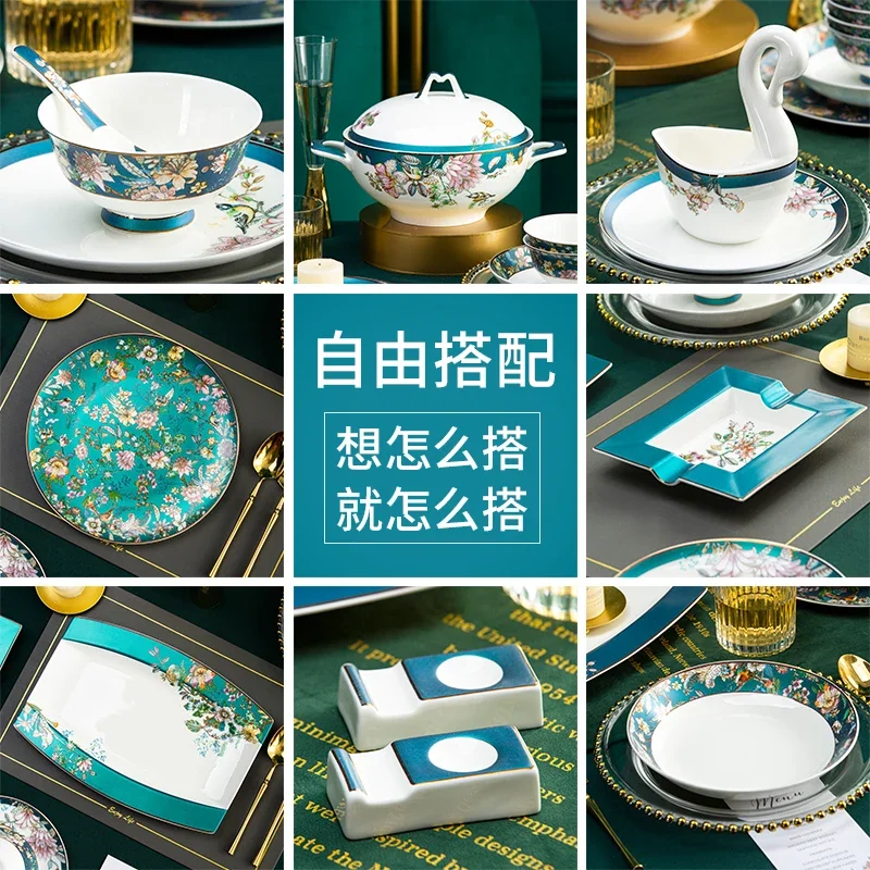 

New Jingdezhen New Chinese Bone China High Foot Rice Bowl Tableware Family Moving into the New House Soup Bowl Set