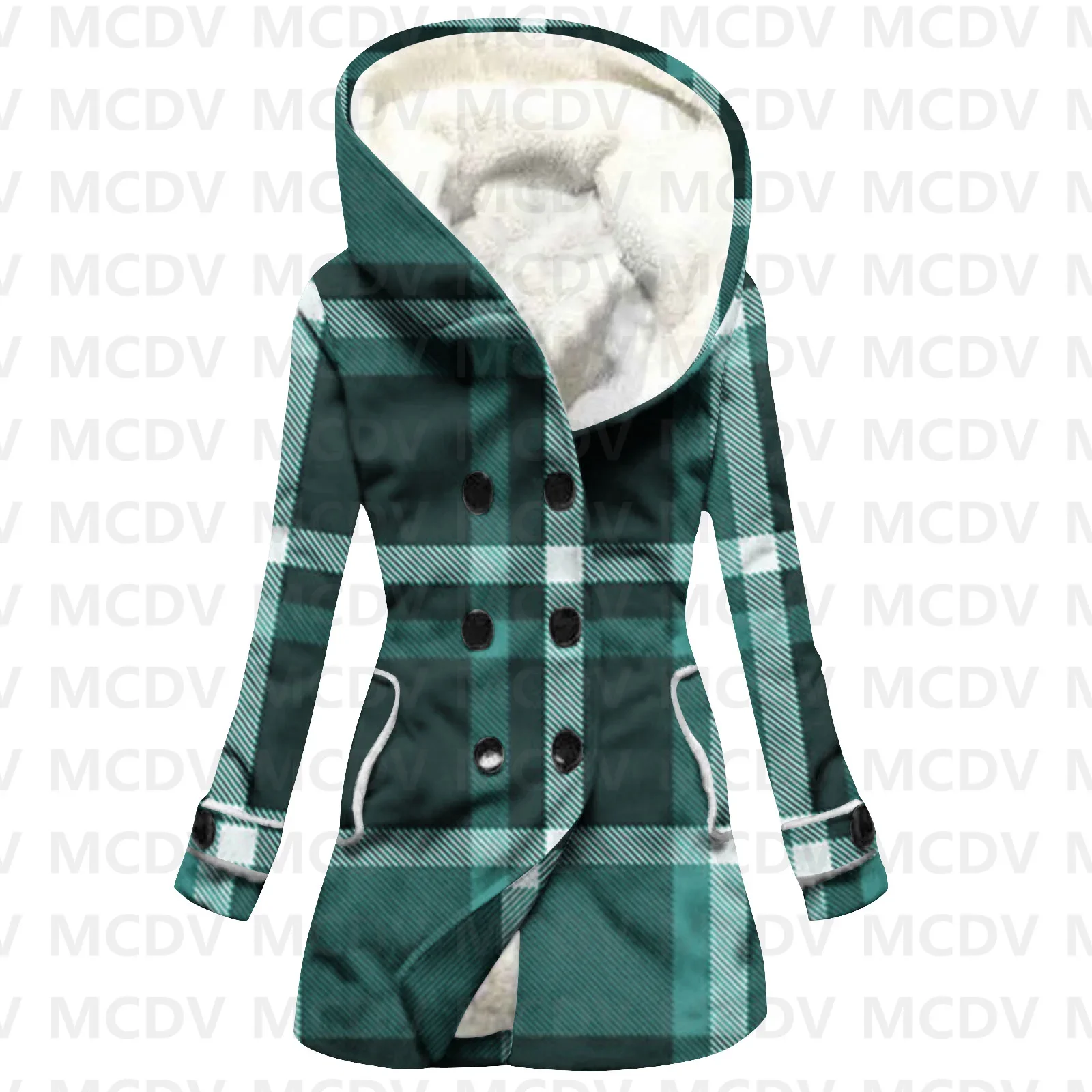 

Checkered 3D Printed Fleece Hooded Cloak Women Thick Warm Coat Women's Winter Warm Overcoat Casual Clothes 09