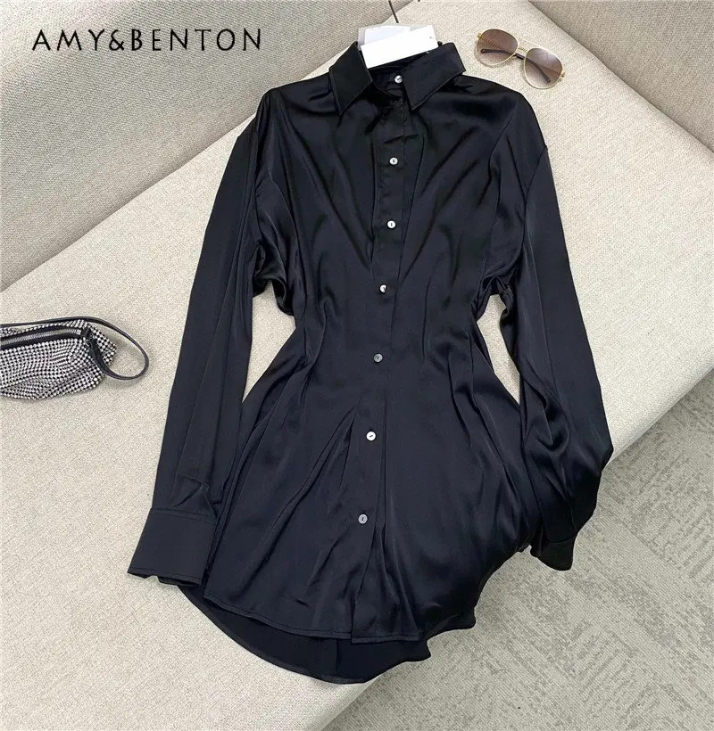 

2023 Autumn New Long Sleeve Fitted Waist Figure Flattering Shirt Mid-Length Solid Color Artificial Silk Dress for Women Fashion