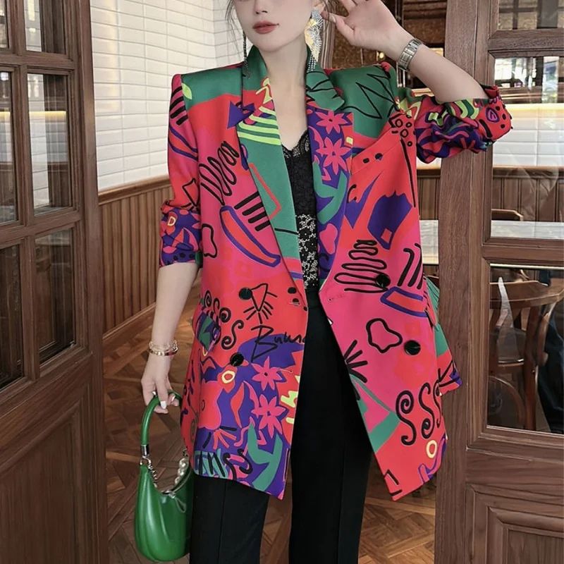 Spring Autumn Elegant Fashion Printing Blazers Ladies Long Sleeve Slim Casual All-match Coat Female Streetwear Outwear Top Women