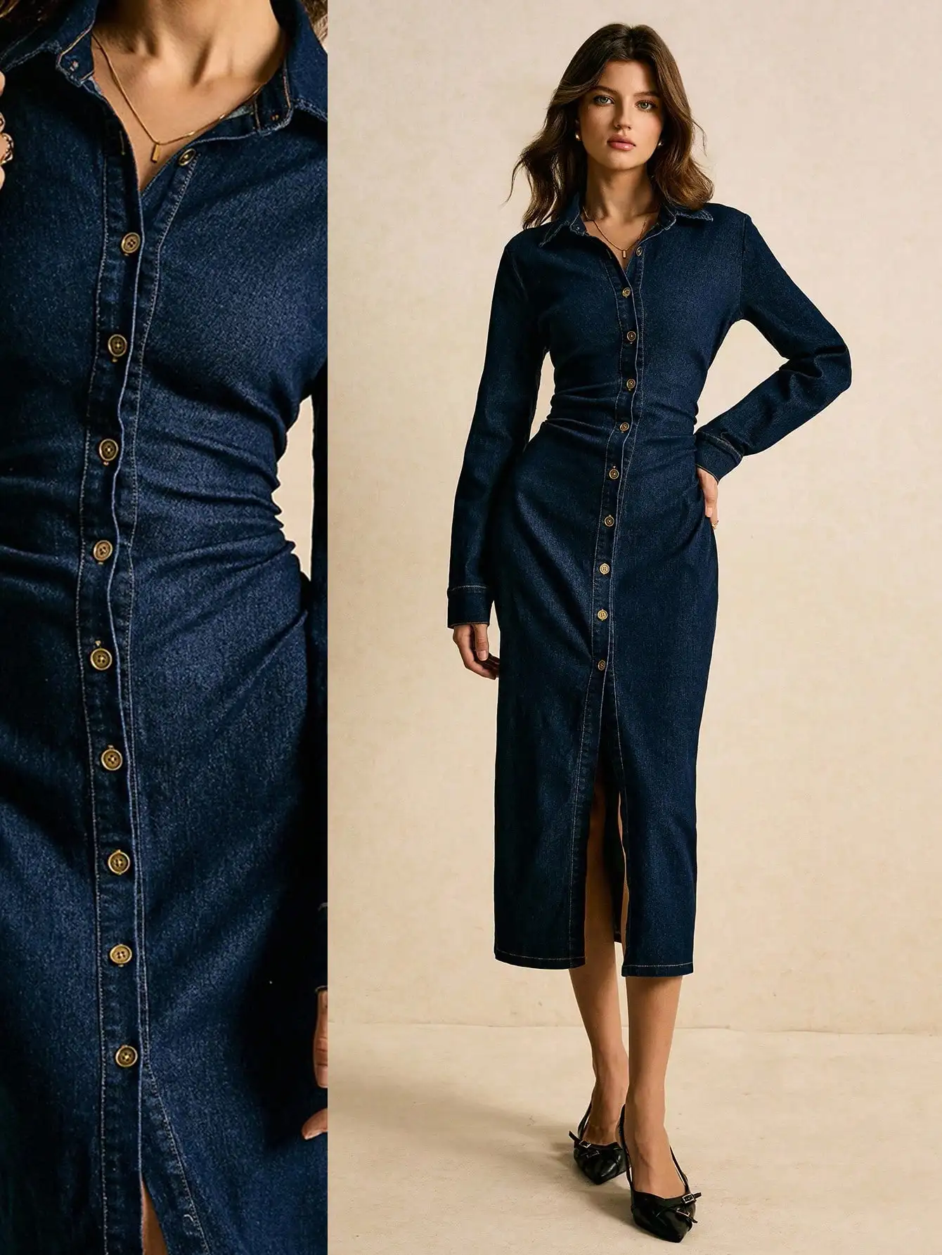 

Women's Long Sleeve Denim Shirt Dress with Front Buttons and Side Slit