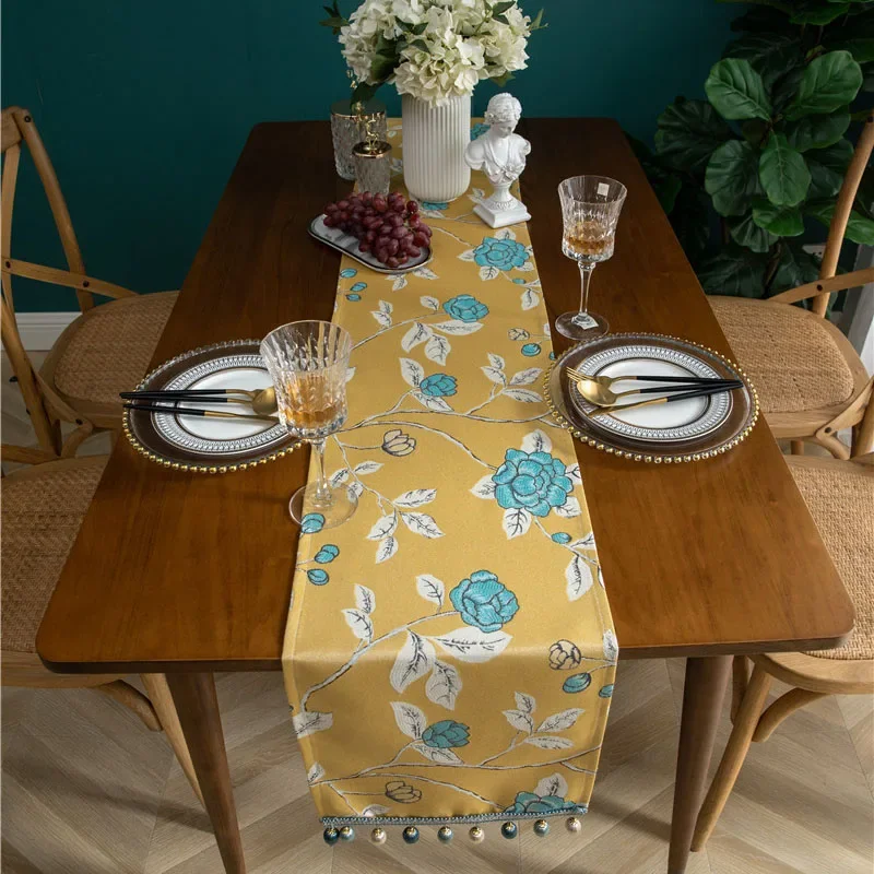 Modern Simple Flower Jacquard Table Runner High Quality Dust-Proof Long Tablecloth for Party Wedding Banquet Table Decoration