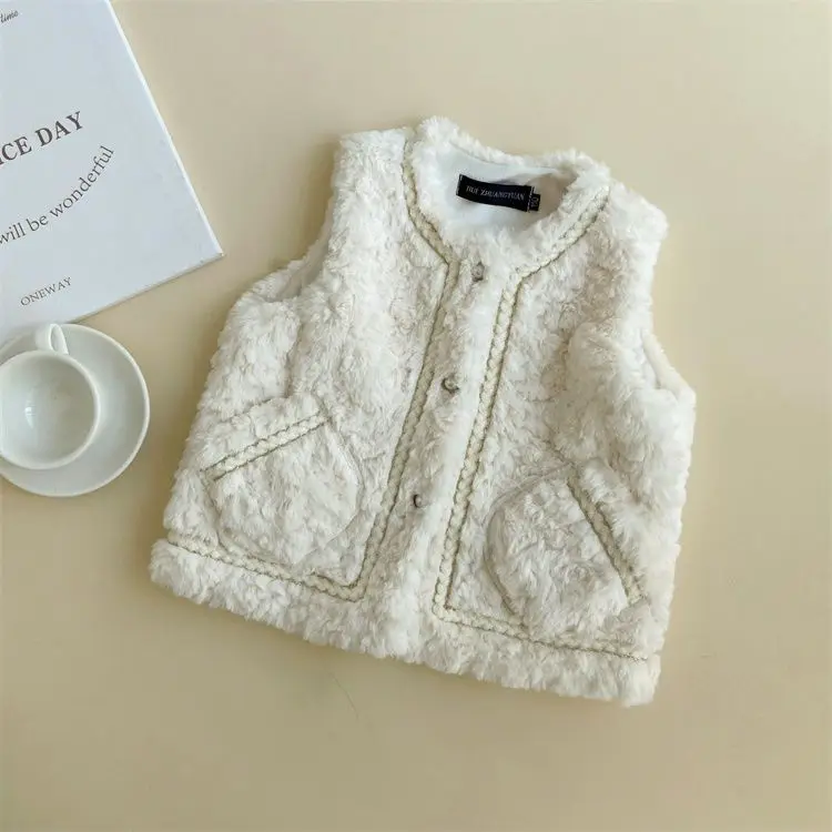 

2024 Winter Baby Plus Velvet Waistcoat Girls Boys Plush Vest Single Breasted V Neck Child Warm Fashion Warm Teddy Hair Coat Q39