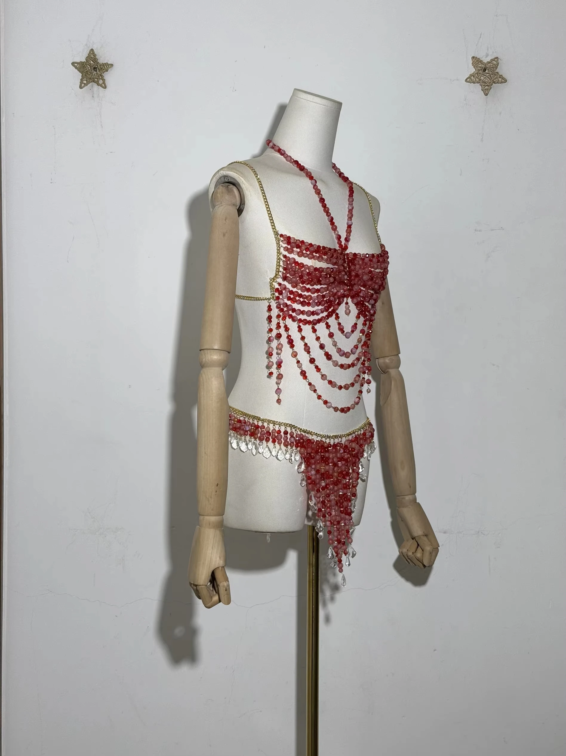 Sexy Women Handmade Body Chain Jewelry Red Purple Beaded Body Chain Bikini Bra Backless Romantic Tank Top