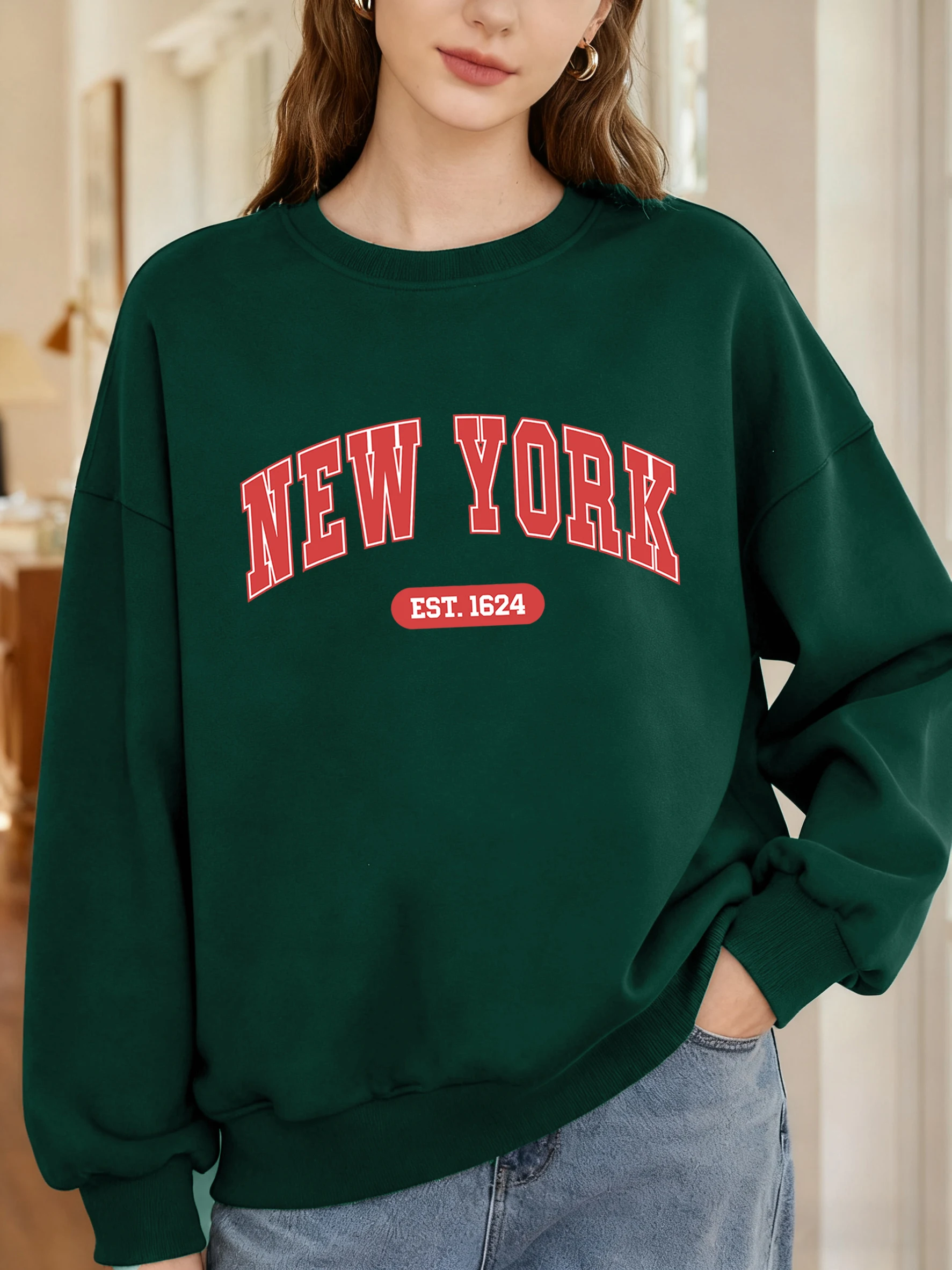 Sudadera con estampado creativo de letras de Nueva York Est 1624 para mujer, Jersey informal Y2K con cuello redondo, ropa de calle de otoño, ropa para correr de gran tamaño