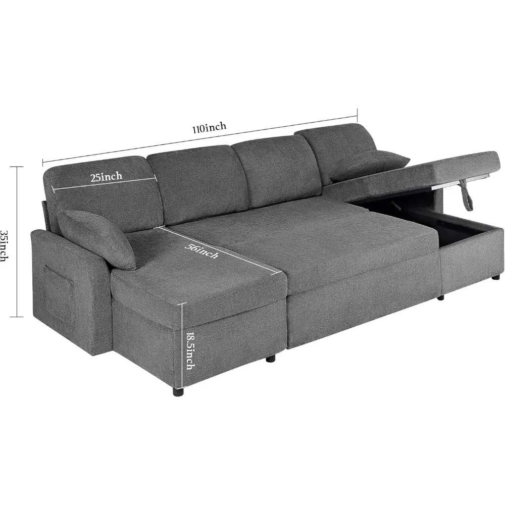 Sleeper Sofa, 110 inch Oversize - 2 in 1 Pull Out Bed, Sectional Sleeper Sofa with Double Storage Chaise for Living Room