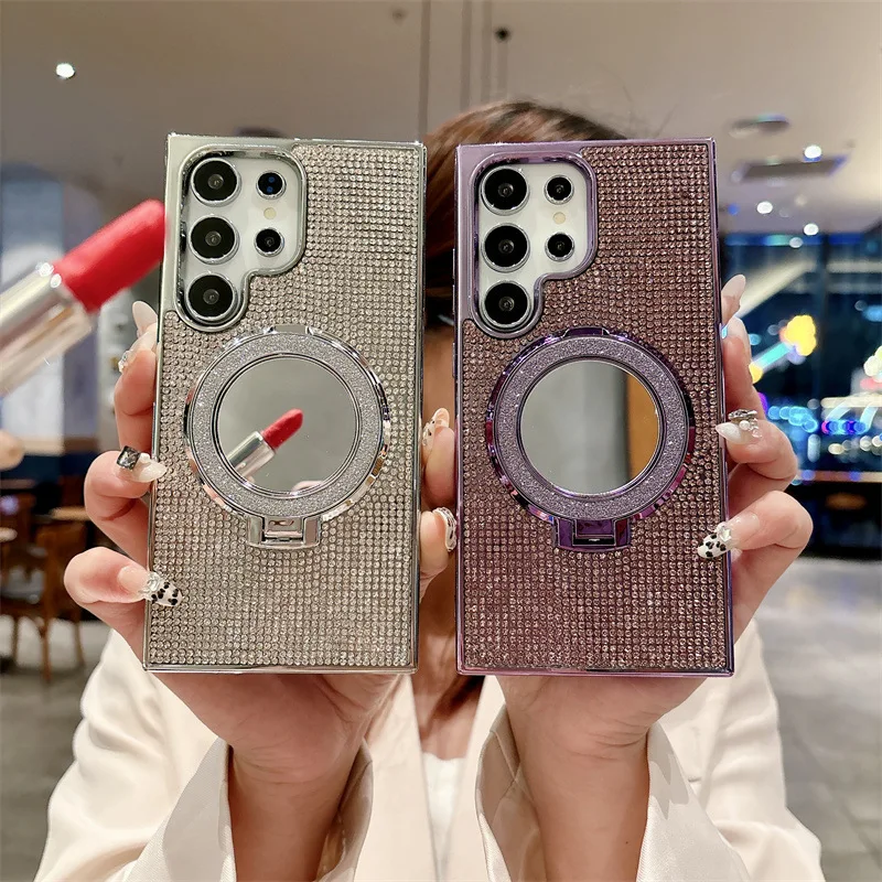 Überzug Glitter Einfarbig Strass Spiegel Halterung Telefon Fall Für Samsung Galaxy S25 S24 S23 S22 Ultra Plus Stoßfest Abdeckung