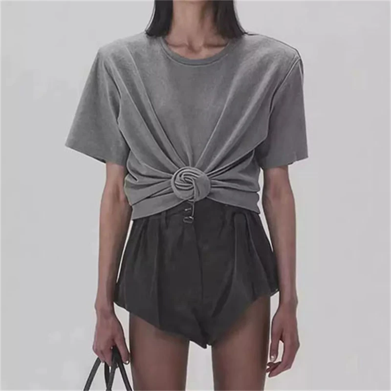 High-Quality Summer New Grey Folded 3D Flower Short Sleeve Top Y2K round Neck Elastic Knot Overhead Base Shirt Trendy