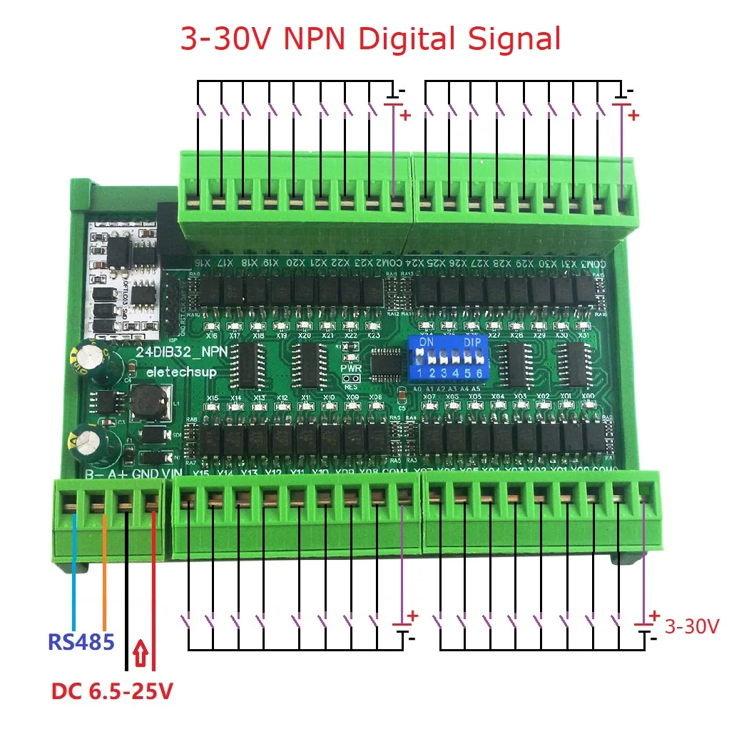 16-48 DI NPN/PNP Digital Switch PLC IO Expansion Board with 3000VDC Optical Isolation and RS485 Modbus RTU Input Module