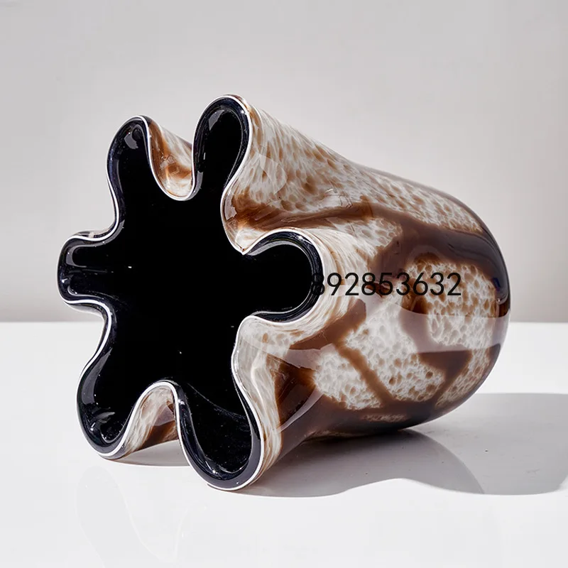 PYJ Modern Simple Brown Irregular Striped Large Mouth Glazed Vase
