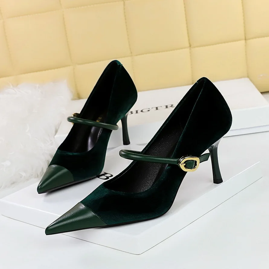 

Korean Banquet High Heel Women's With Thin Heels Suede Surface Shallow Mouth Splice Pointed Head Wedding Shoes women pumps