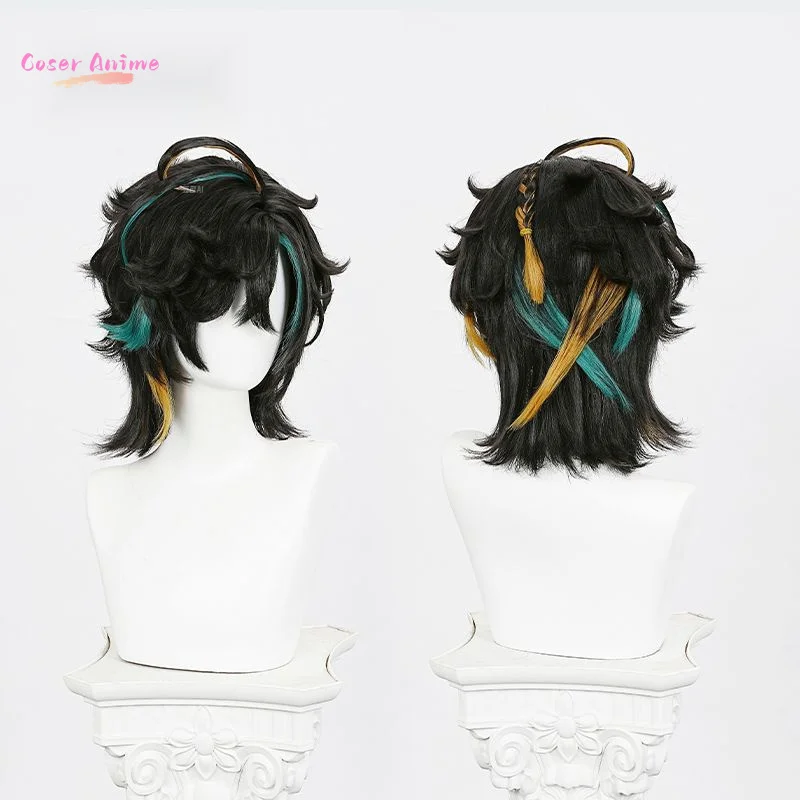 Jogo genshin impacto kinich turnfire caça peruca cosplay masculino azul escuro curto penteado cabelo resistente ao calor perucas sintéticas boné prop