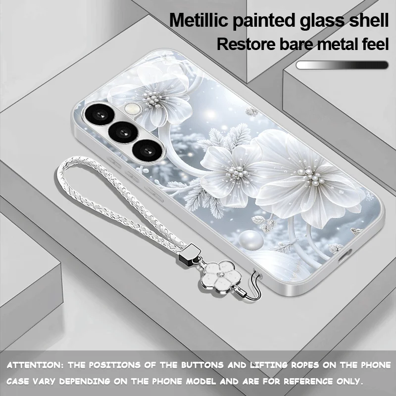 Flower patterned glass phone case suitable for Samsung Galaxy S26 S25 S24 S23 S22 S20 FE/Ultra/Plus anti drop back cover