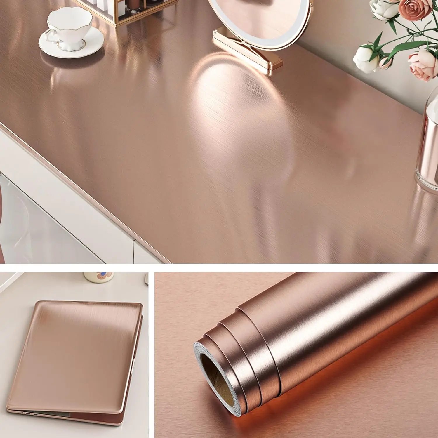 Zelfklevende folie meubelvinyl geborsteld 40 cm x 10 m Rose Furniture Goudfineer, koelkaststickers, zelfklevend behang, keukenfolie, meubelrenovatie, doe-het-zelf, PVC-fineer, metallic decoratieve