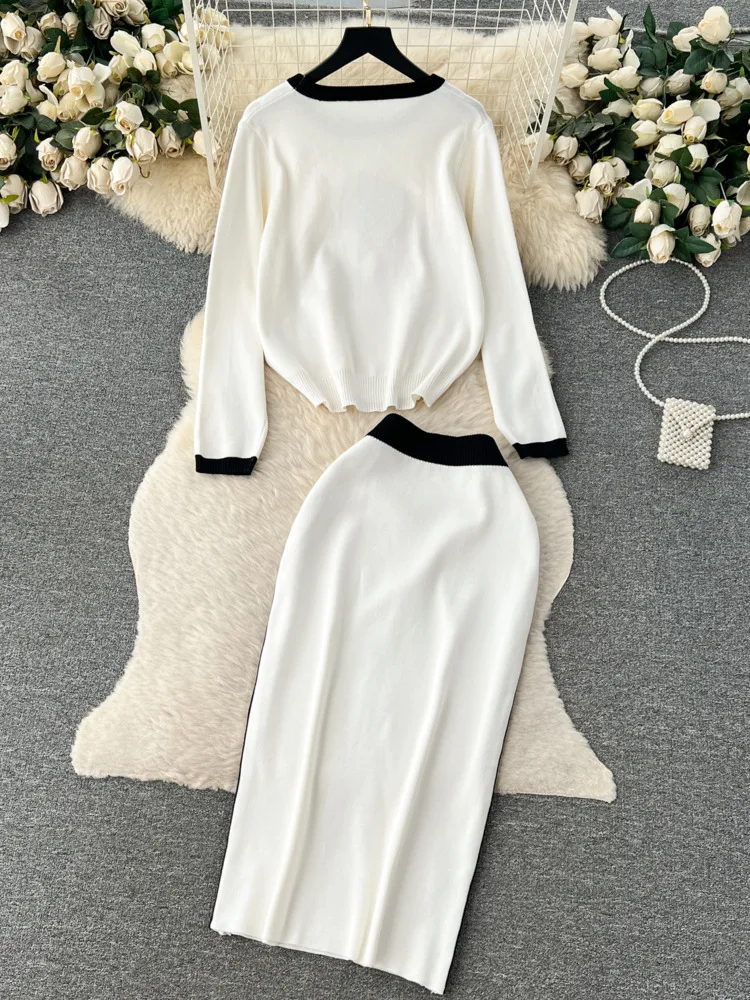 Elegant Two Piece Knit Set Autumn Winter Flower Design Long Sleeve Pullover Elastic Waist Long Skirt Fashion Sweater Suit