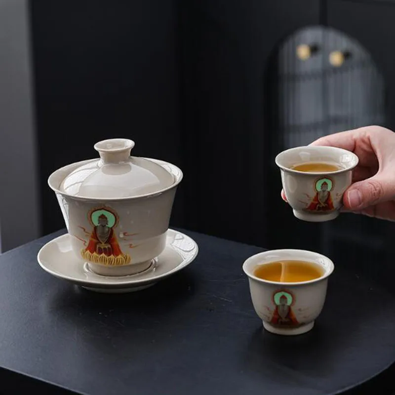 Porcelain Fluorescent Dunhuang Tea Tureen Plant Ash Color Kungfu Teaware Set Tea Maker Tea Cup Household Drinking Accessories