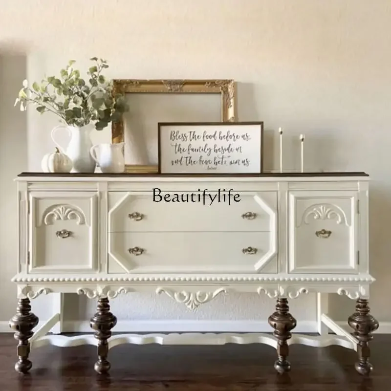 

yj5 French Retro Entryway Cabinet Living Room American European Style Solid Wood Carved Sideboard Decorative Side Cabinet