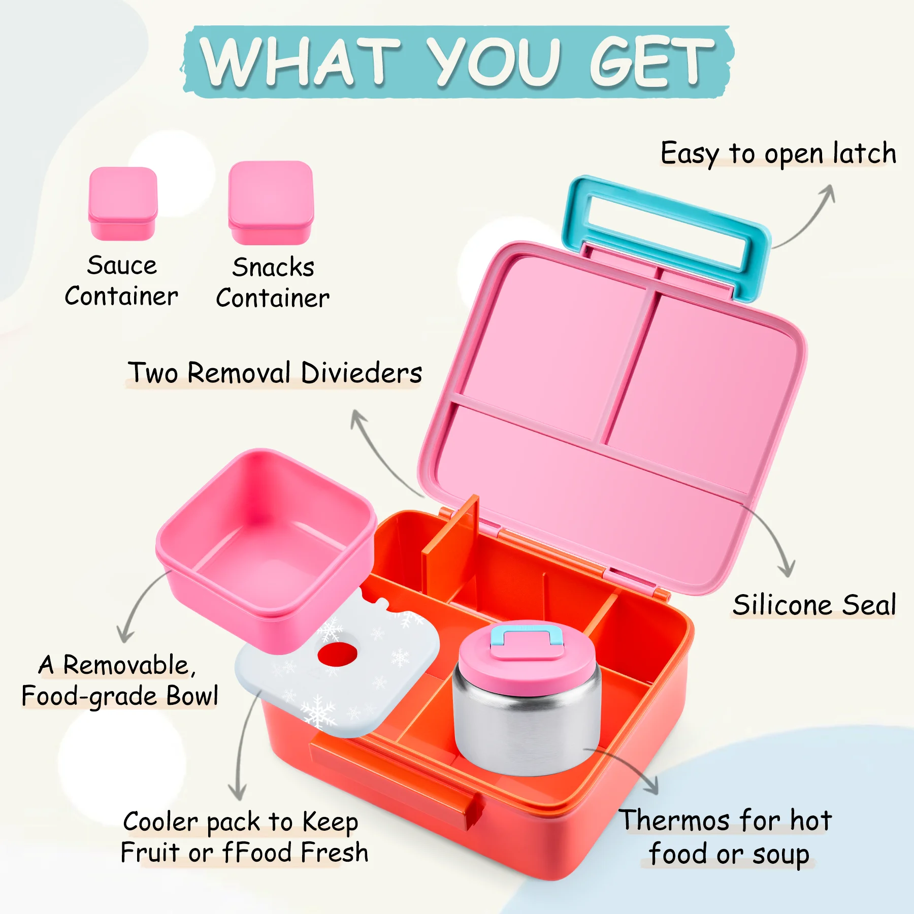 Bento Lunch Box for Kids with 8oz Soup Thermo Leak-Proof Lunch Food Containers with Snack Sauce Container for Kid Toddler Girls view 3
