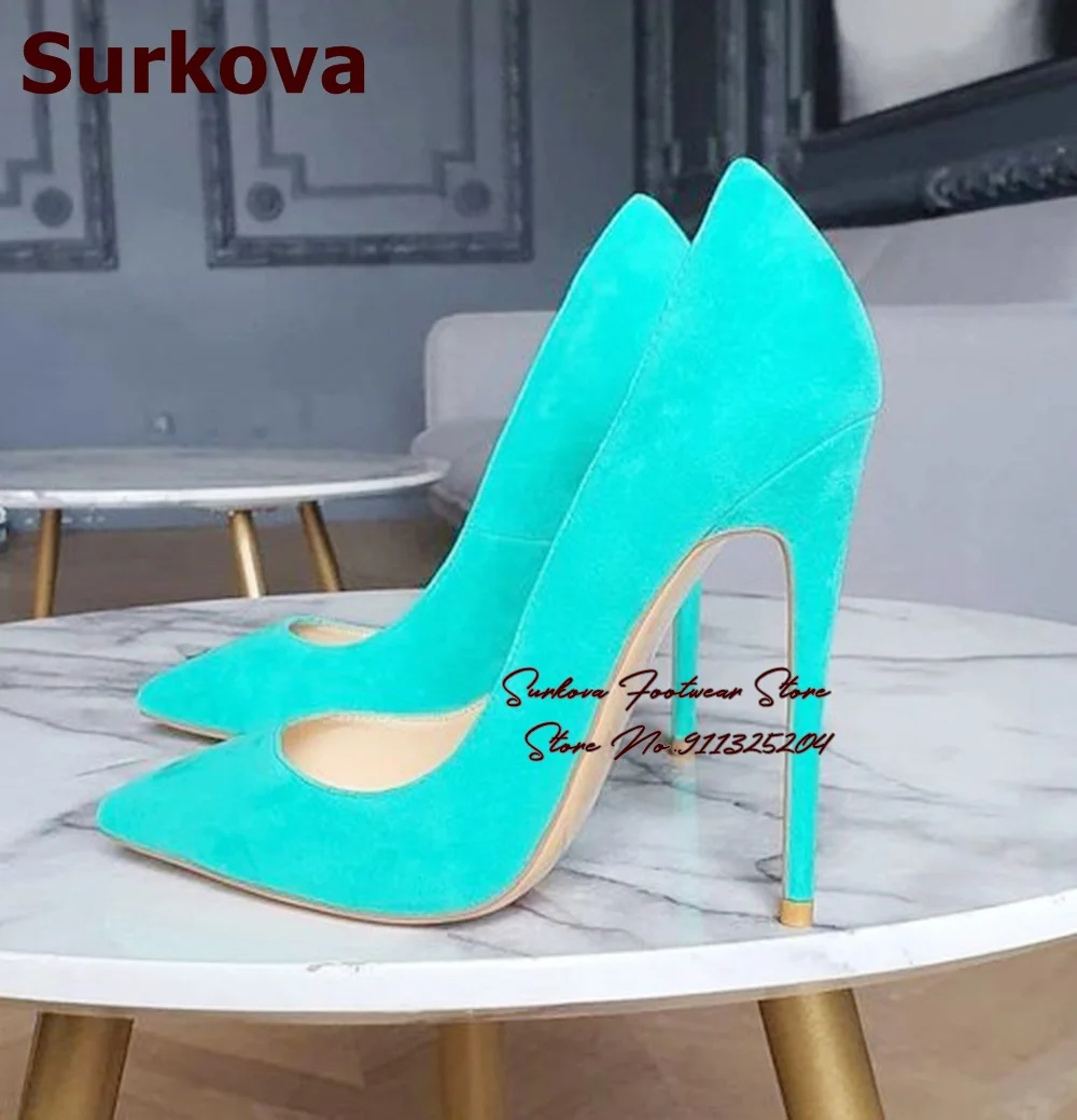 Surkova 12cm High Heel Suede Wedding Shoes Purple Red Blue Shallow Cut Pointed Toe Dress Pumps Slip-on Banquet Shoes Size45