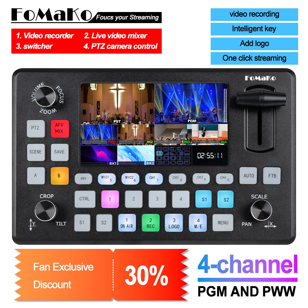 

FoMaKo Video Mixer Switcher 5.5 Inch LCD Screen 4-Channel HDMI Live Streaming Switcher 1080p 60FPS (Does not Support 4K)KC601Pro