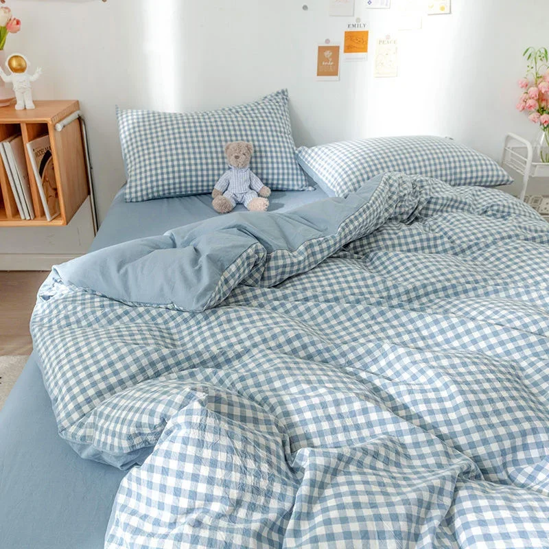 Blue Nordic Checkerboard Print Bedding Sets - Simple Lattice Duvet Cover and Quilt Cover for Kdis and Adults - Soft Bed Sheet an