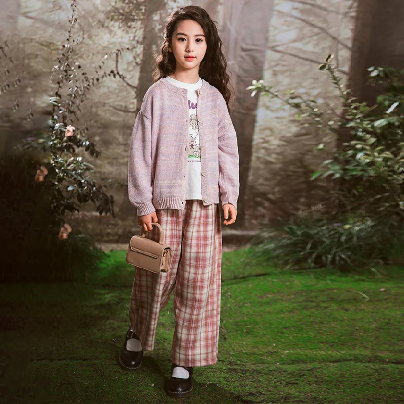 Spring Autumn Children Girl Sweet Suit Teenager Girl Cartoon T-shirt+Knitted Cardigan+Plaid Pants School Girl 2PCS Clothes Set