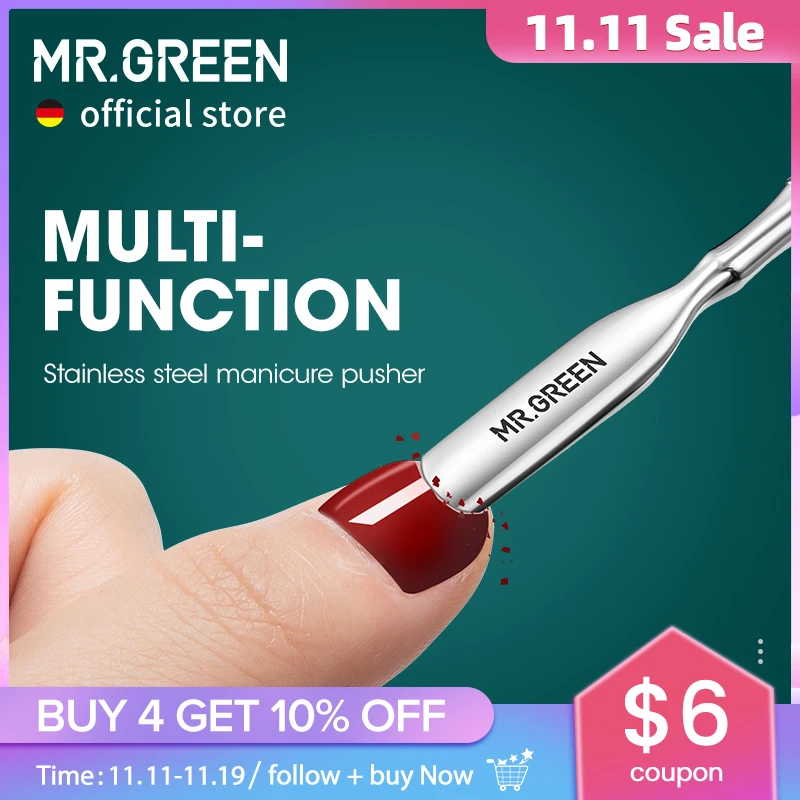 

MR.GREEN толкатель для кутикулы, двусторонний инструмент для снятия лака для ногтей, маникюрный толкатель, инструмент для очистки грязи, толкатель для омертвевшей кожи из нержавеющей стали