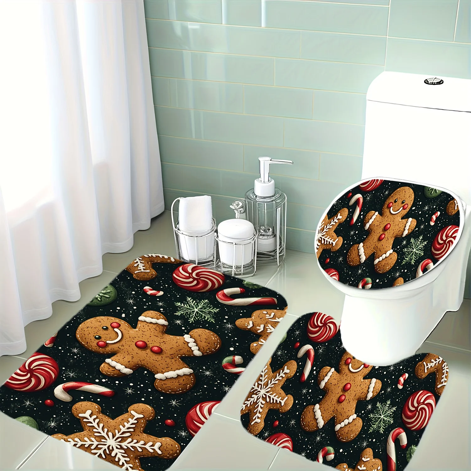 

3pcs Christmas Bear Bathroom Set with Non-Slip Bath, Toilet Lid Cover & U-Shaped Mat - Cute Red Scarf & Snowflake Design, Soft