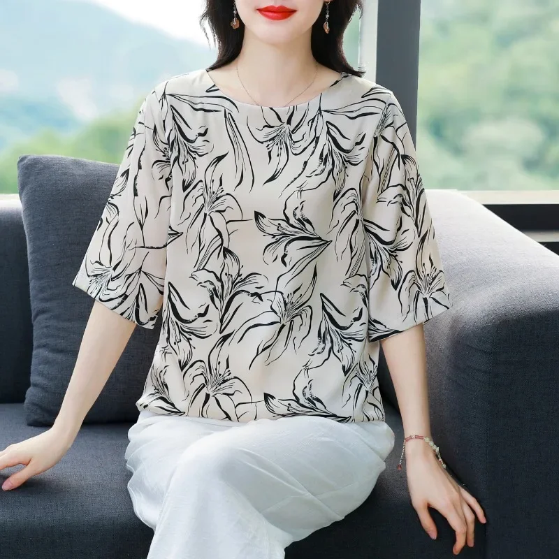 

Атласные женские блузки, корейские винтажные рубашки, МОДНЫЕ свободные весенне-летние одежды с круглым вырезом, женские топы с короткими рукавами и принтом