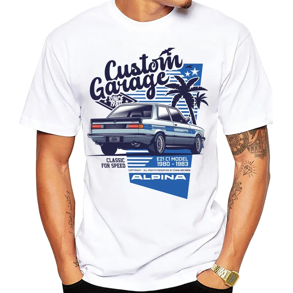 Camisetas Retro personalizadas de garaje E21 C1 Alpina, camisetas de verano de manga corta para hombre, camiseta de coche clásico antigua E30 M3, camisetas informales geniales para niño, camisetas blancas