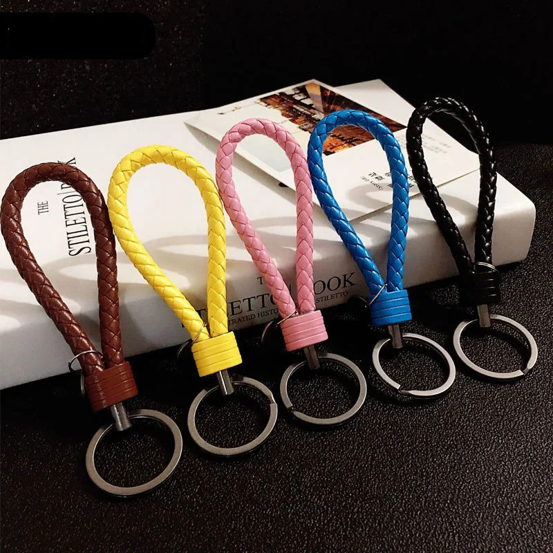 

Tungsten steel leather rope braided rope keychains ring men and women couple bag key chain car pendant