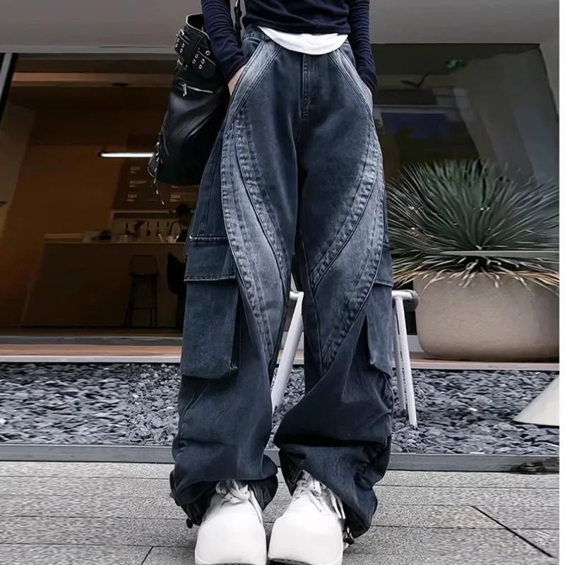 #2205 Black Vintage Cargo Jeans Women Side Pockets Wide Leg Jeans Female Split Joint Long Denim Jeans Femme Straight Hip Hop