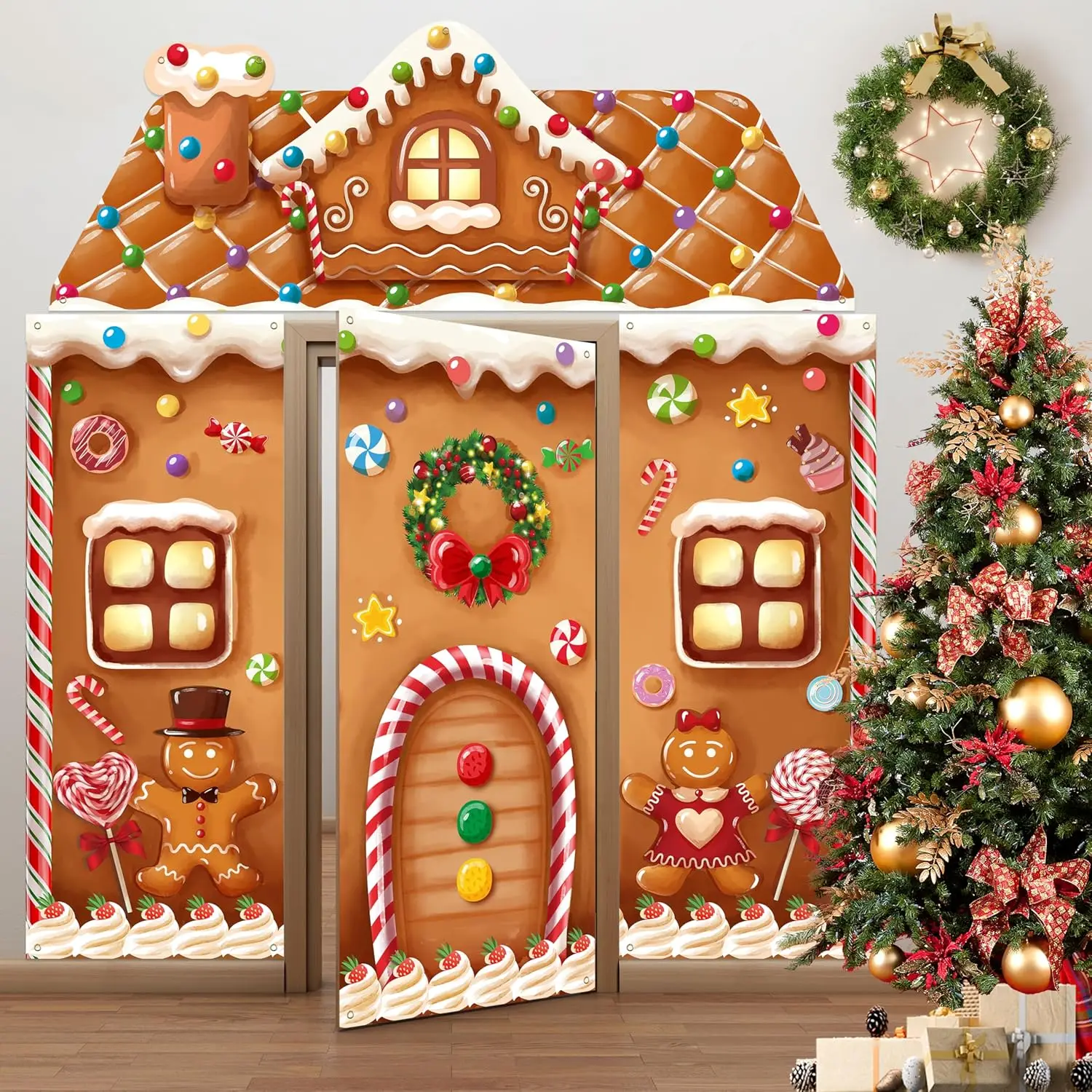 

4 Pcs a Set Christmas Gingerbread House Party Banners, Front Door Cover Entrance Porch Decorations, Xmas Gingerbread Banners