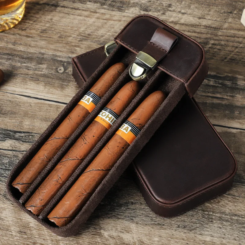 Vintage First-layer Cowhide Cigar Box, Three-pack Cigar Set, Travel Portable Leather Cigar Box With Lock Drawer. Gifts For Men