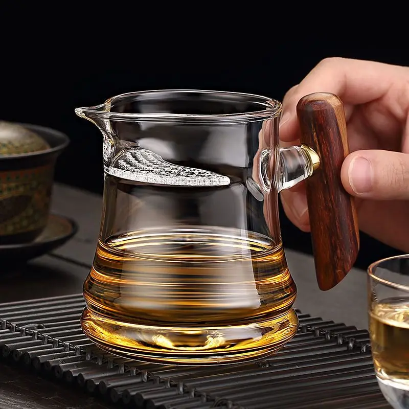 Hitzebeständige Glas-Teetasse, Teekanne, integrierter Halbmondfilter, Teetrennung, Halbmond-Fair-Tasse, Filter-Teeset mit Holzgriff