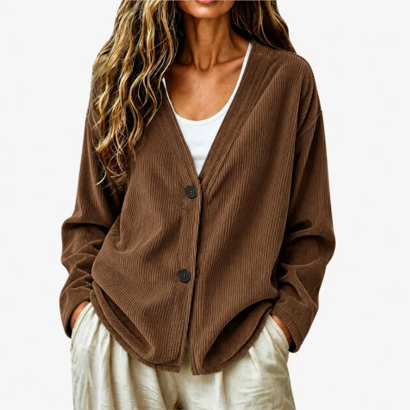Women V Neck Button Cardigan Long Sleeve Textured Loose Shirt Casual Solid Color Lady Oversized Jacket Autumn Fashion Tops