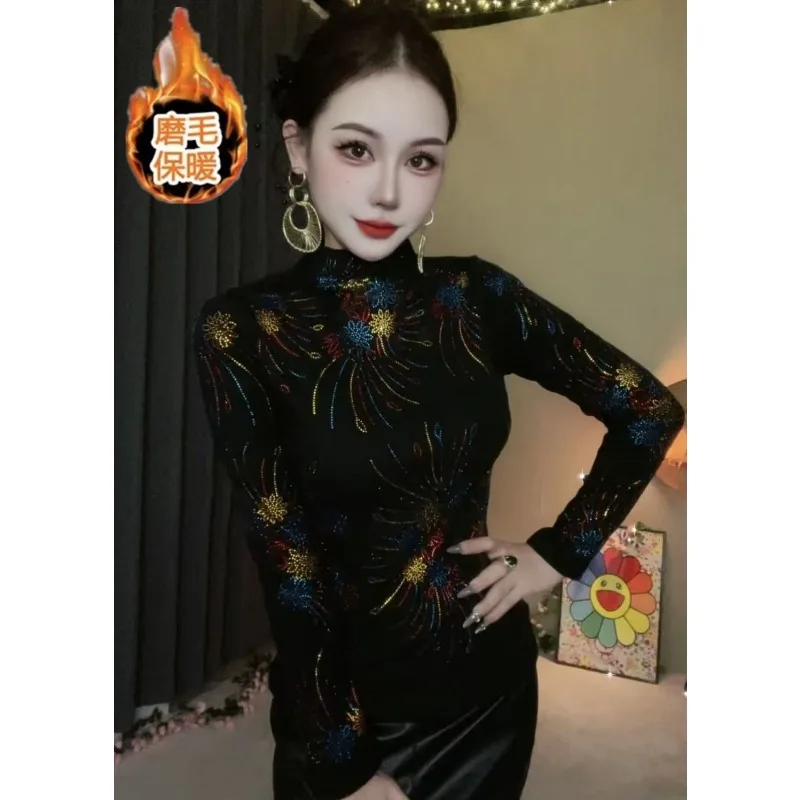 Herfst Winter Nieuwe Stijl Half Coltrui Hot Diamond Dieptepunt Shirt voor Dames Mode Afslankende Buikbedekkende Temperament Top