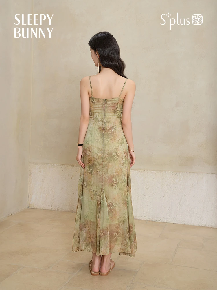 Vintage Tie-DyeชีฟองMaxiชุดผู้หญิงฤดูร้อนElegant Slim CamiชุดเอวสูงยาวSundress Beach Holidayชุด