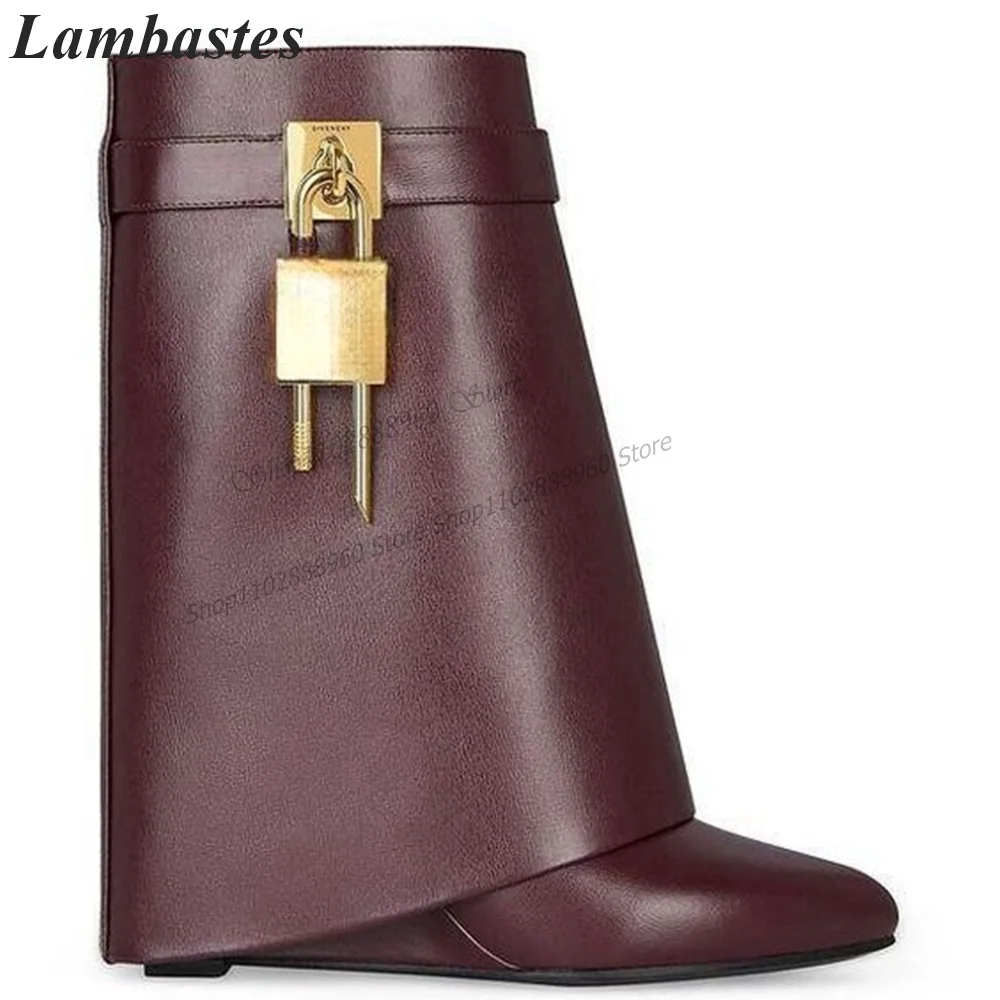 Western Burgundy Turned-Over Lock Decor Boots Wedges Heel Women Shoes Side Zipper Pointed Toe 2023 Fashionable Zapatillas Mujer