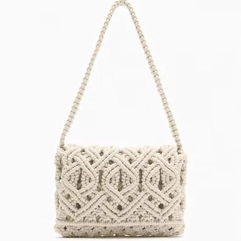 

Rope Crochet Women Shoulder Bag Hollow Knitting Handbags Bohemian Woven Flap Handmade Square Tote Female Shopper Purses Clutch