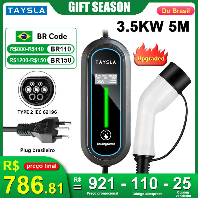 TAYSLA 3,5KW/7kW parede de 5 metros montado cabo de carga EV com conexão brasileira portátil para veículo elétrico de carro